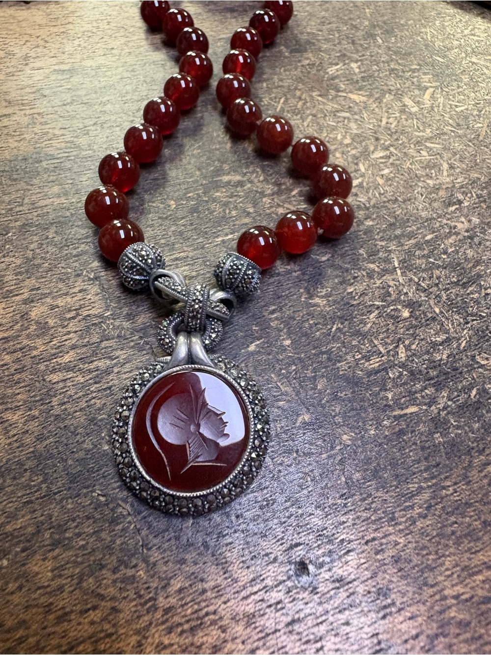 Carnelian Bead Necklace with Cameo Pendant - Red